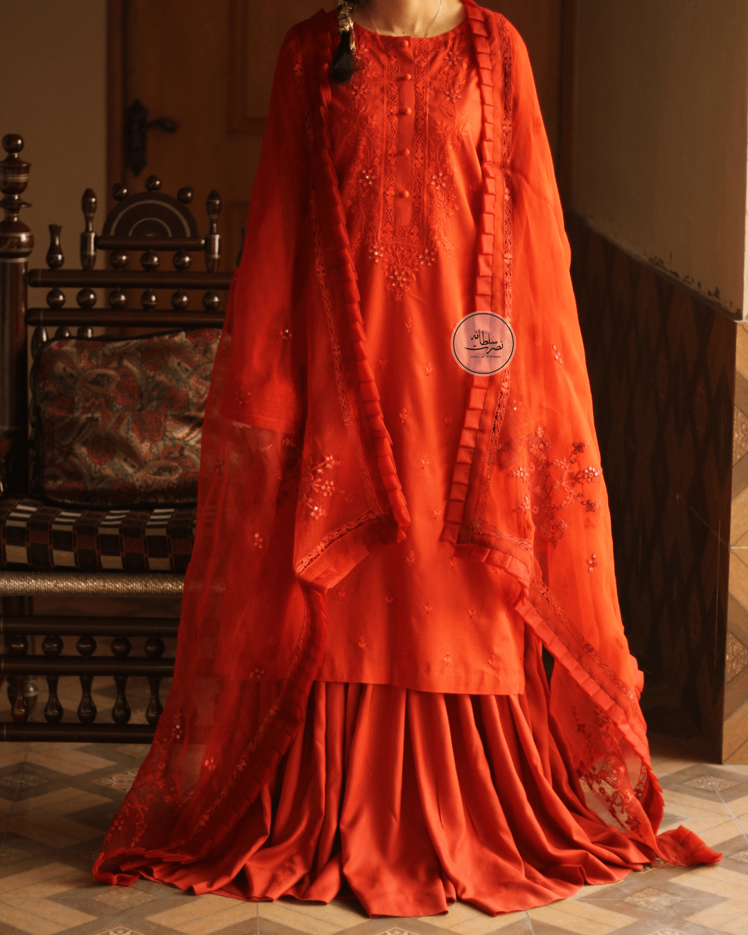 Handcrafted Tarkashi, Tukri & Mirror Work Shirt - Rust Orange Shade - Pret