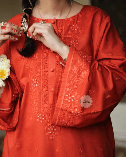 Handcrafted Tarkashi, Tukri & Mirror Work Shirt - Rust Orange Shade - Pret