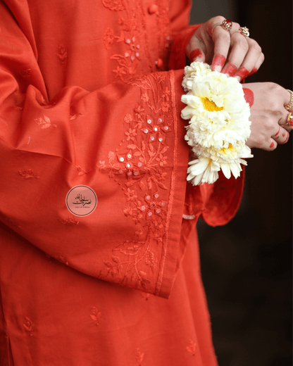 Handcrafted Tarkashi, Tukri & Mirror Work Shirt - Rust Orange Shade - Pret