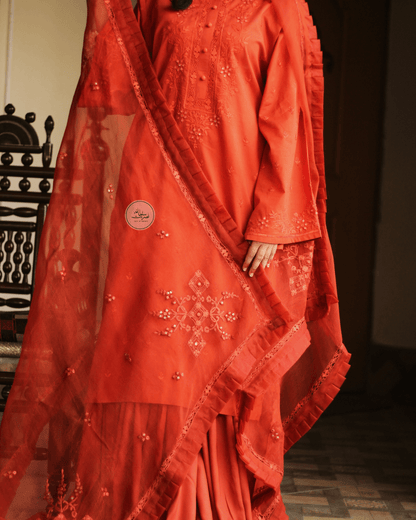 Handcrafted Pure Organza Tarkashi, Tukri & Mirror Work Dupatta - Rust Orange