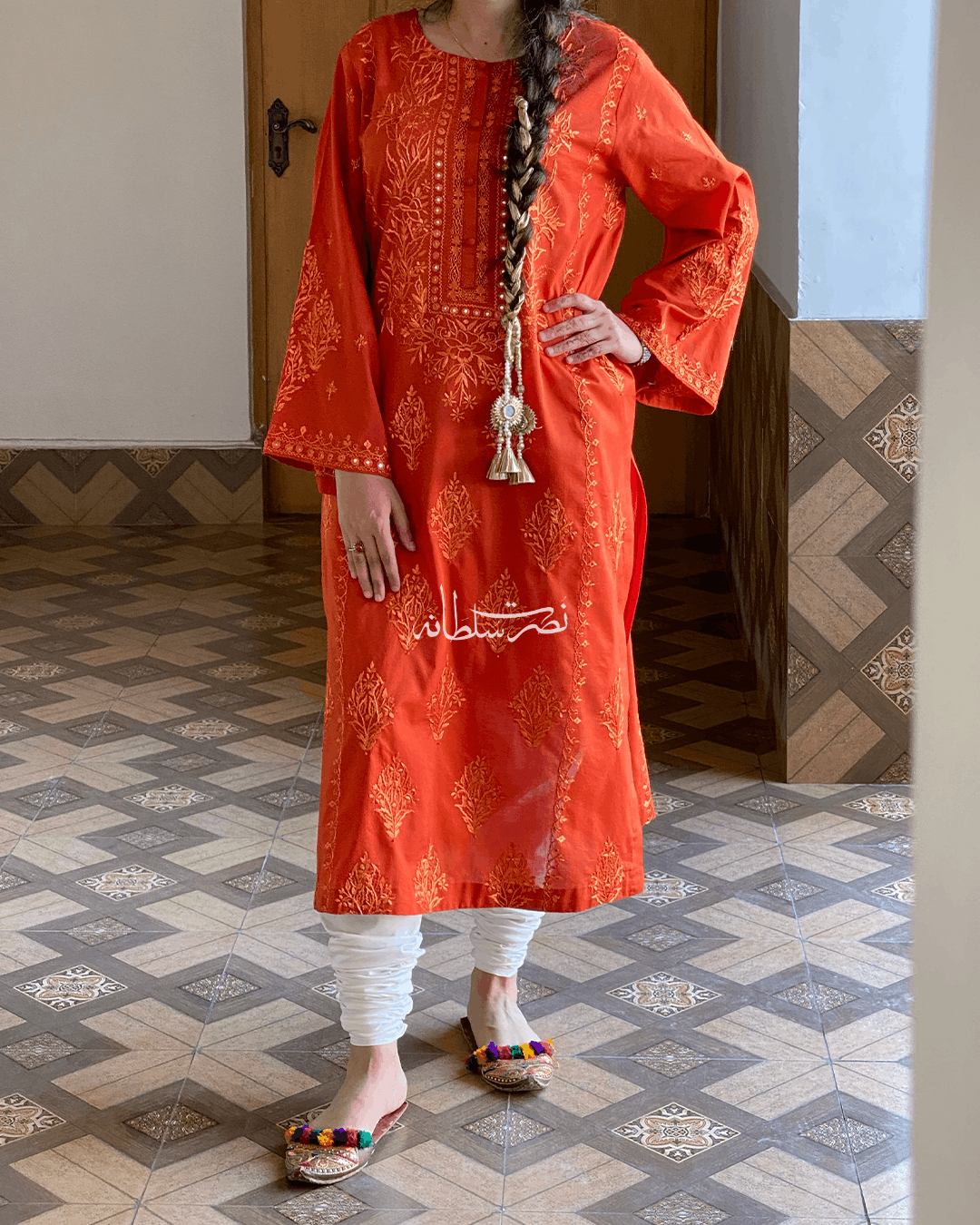 Burnt Rust Orange Tarkashi and Hand Embroidered Kurta - Premium Lawn