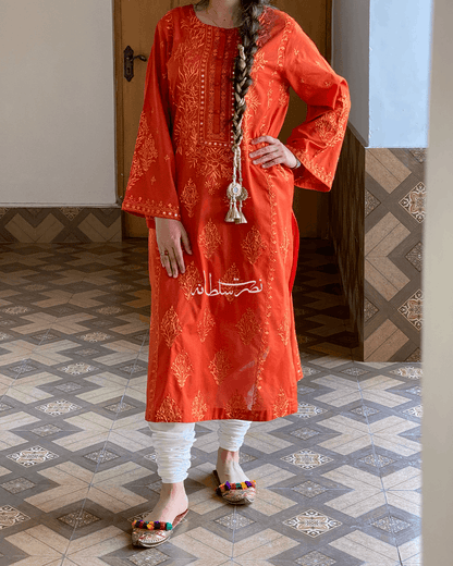 Burnt Rust Orange Tarkashi and Hand Embroidered Kurta - Premium Lawn