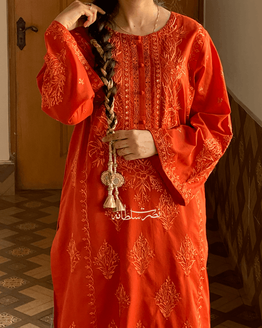 Burnt Rust Orange Tarkashi and Hand Embroidered Kurta - Premium Lawn