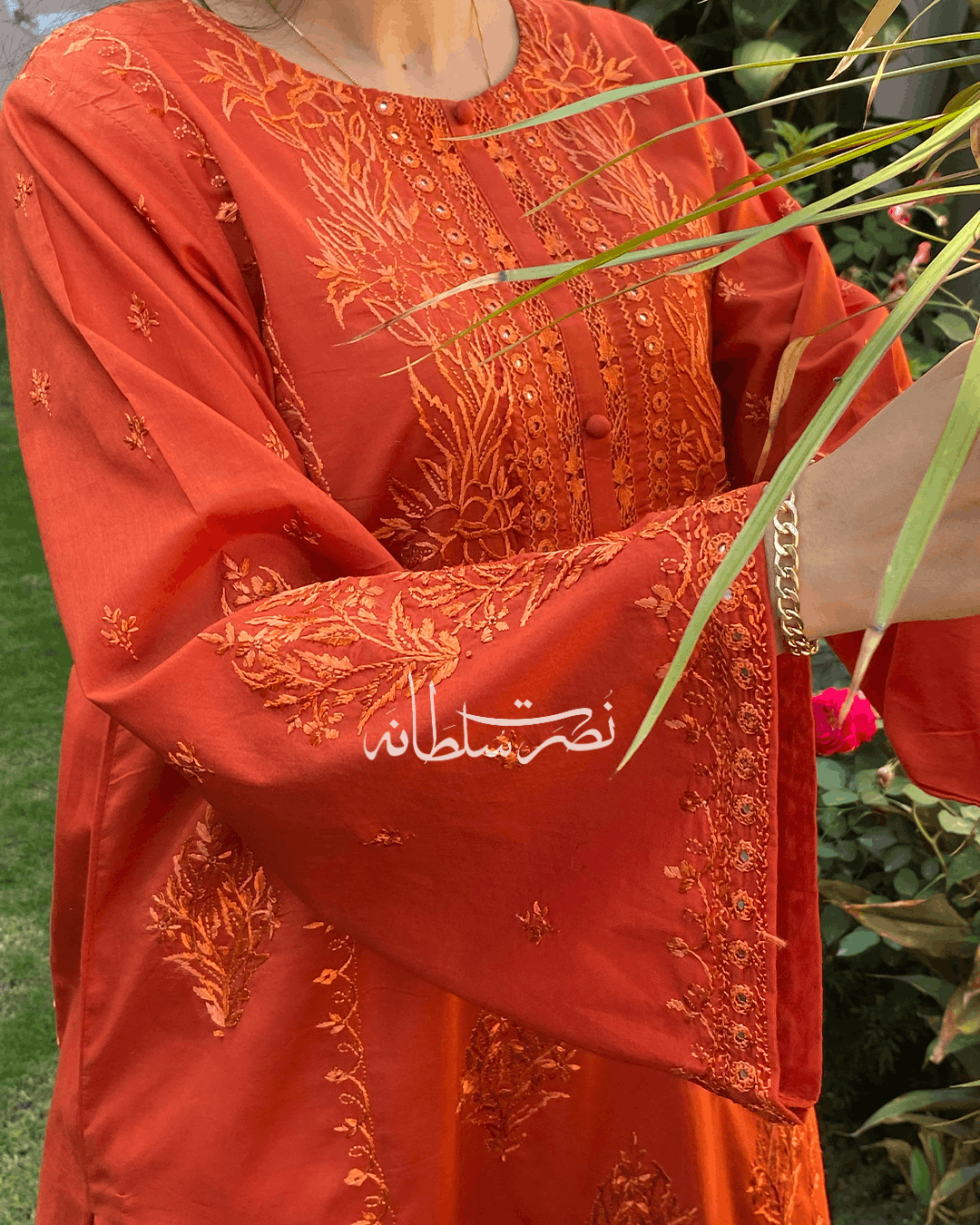 Burnt Rust Orange Tarkashi and Hand Embroidered Kurta - Premium Lawn