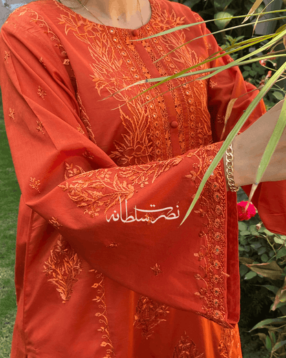 Burnt Rust Orange Tarkashi and Hand Embroidered Kurta - Premium Lawn