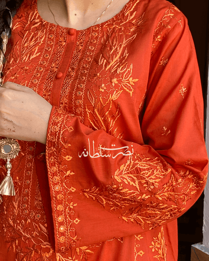 Burnt Rust Orange Tarkashi and Hand Embroidered Kurta - Premium Lawn