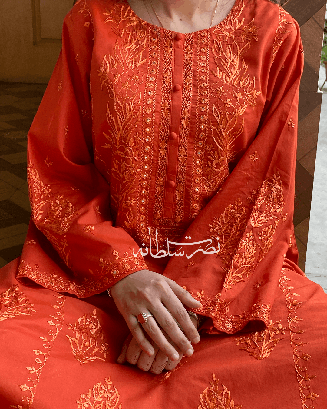 Burnt Rust Orange Tarkashi and Hand Embroidered Kurta - Premium Lawn