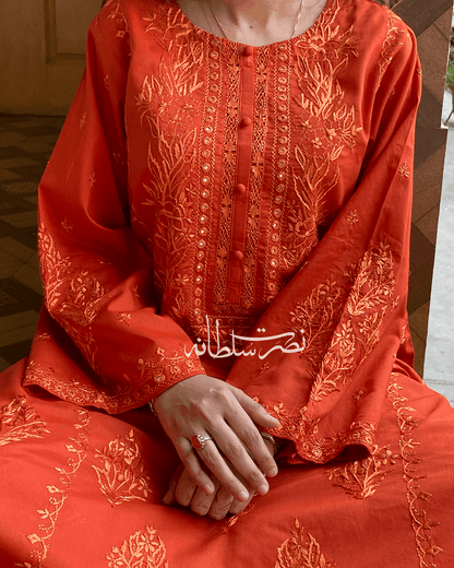 Burnt Rust Orange Tarkashi and Hand Embroidered Kurta - Premium Lawn