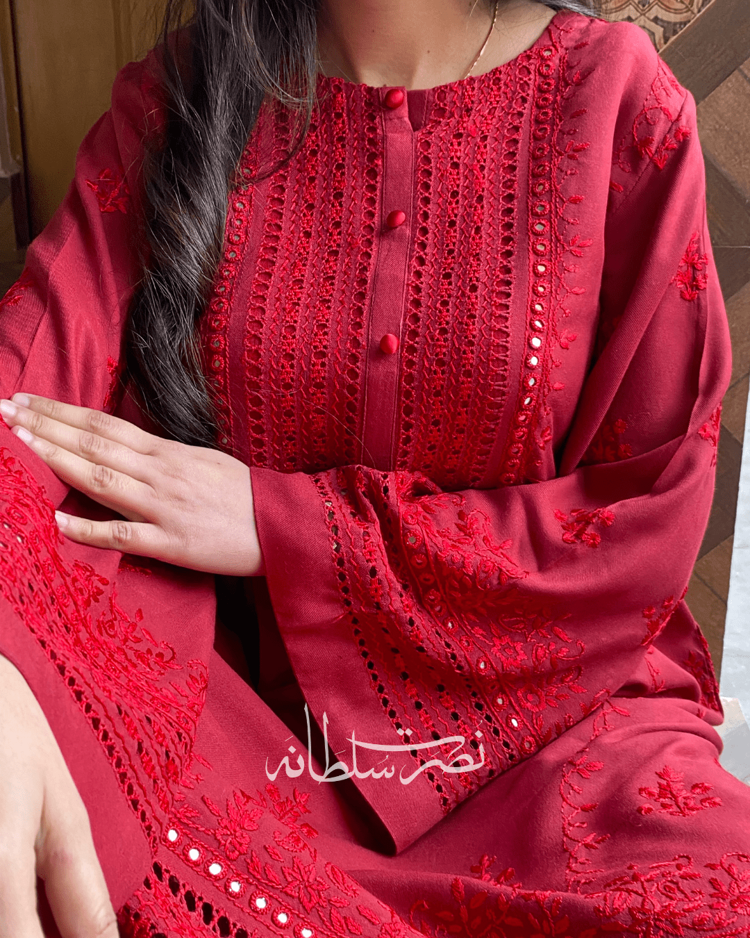 Wine Red - Hand-Embroidered, Tarkashi and Mirror Work Kurta