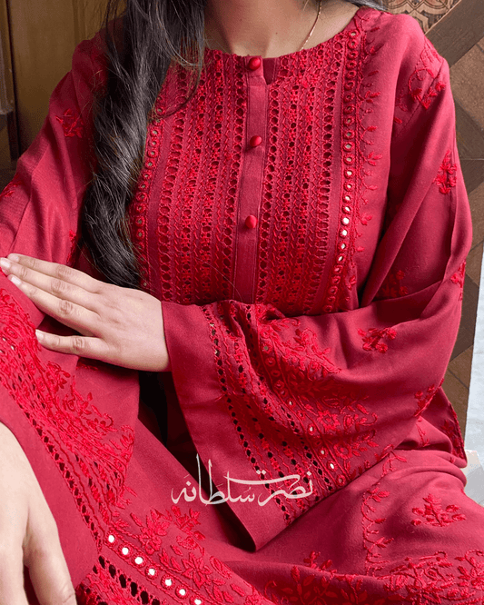 Wine Red - Hand-Embroidered, Tarkashi and Mirror Work Kurta