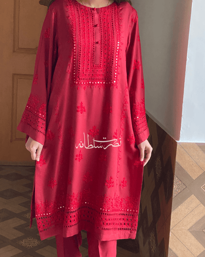 Wine Red - Hand-Embroidered, Tarkashi and Mirror Work Kurta