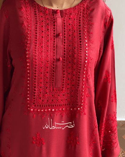 Wine Red - Hand-Embroidered, Tarkashi and Mirror Work Kurta