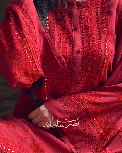 Wine Red - Hand-Embroidered, Tarkashi and Mirror Work Kurta