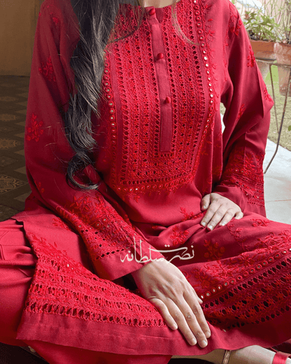 Wine Red - Hand-Embroidered, Tarkashi and Mirror Work Kurta