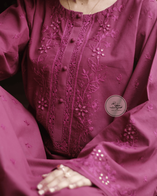 Handcrafted Tarkashi, Tukri & Mirror Work Shirt - Plum Purple Shade - Pret