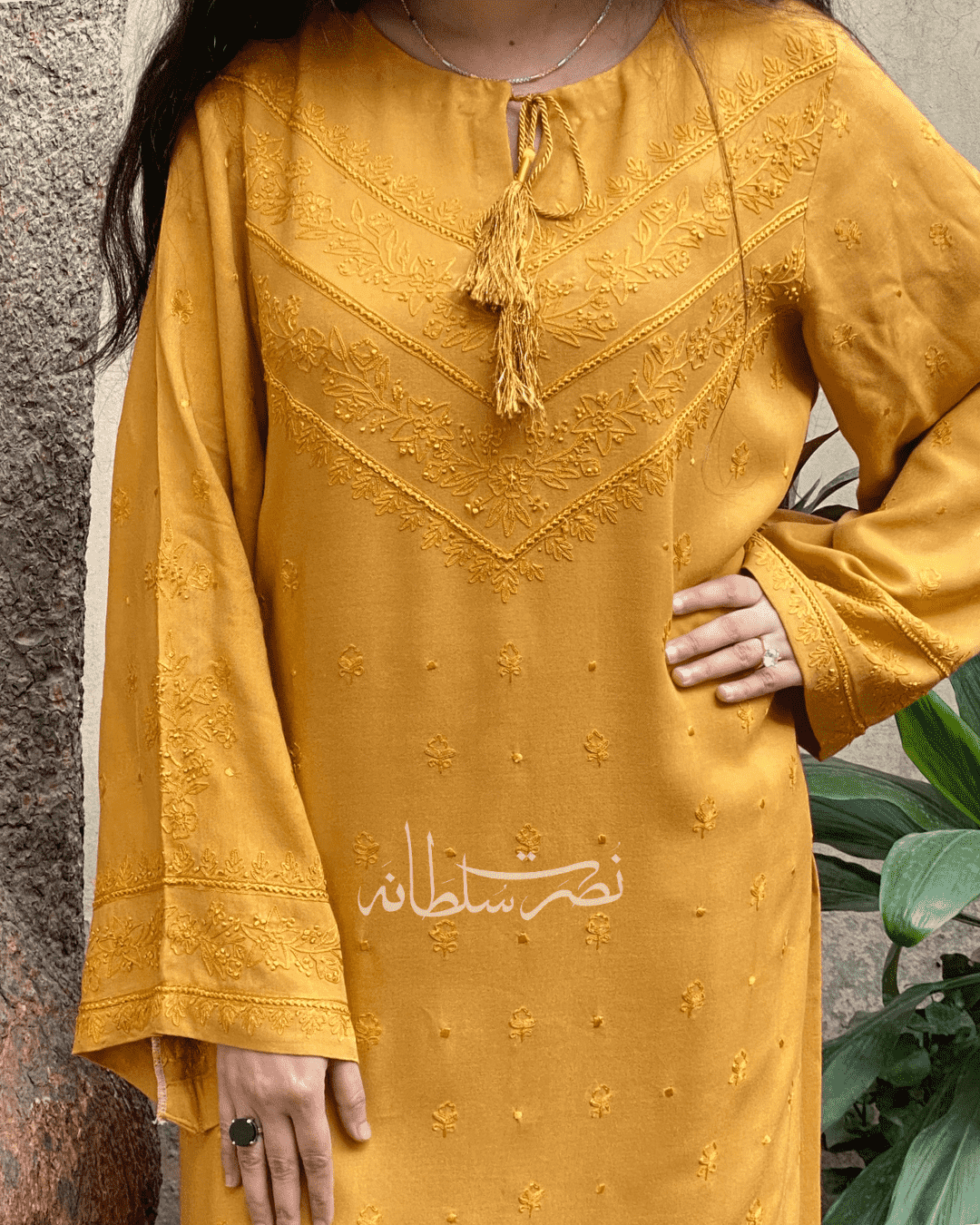 Hand Embroidered Aari Work Shirt - Pret - Mustard Shade