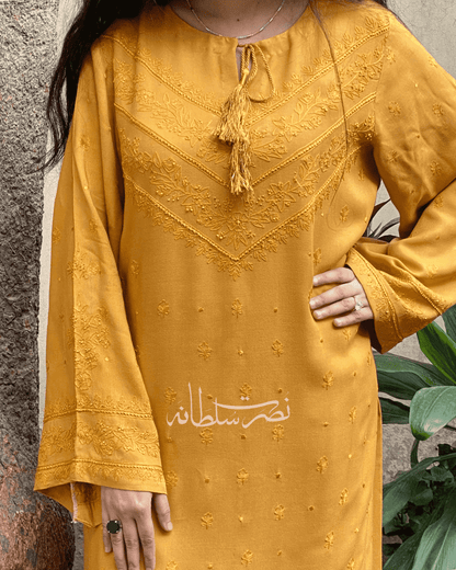 Hand Embroidered Aari Work Shirt - Pret - Mustard Shade