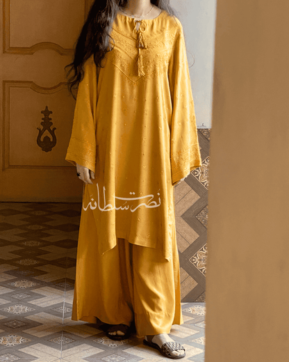 Hand Embroidered Aari Work Shirt - Pret - Mustard Shade