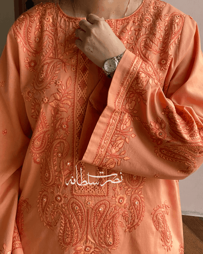 Peachy Coral Hand Embroidery and Tarkashi Kurta - Summer Lawn