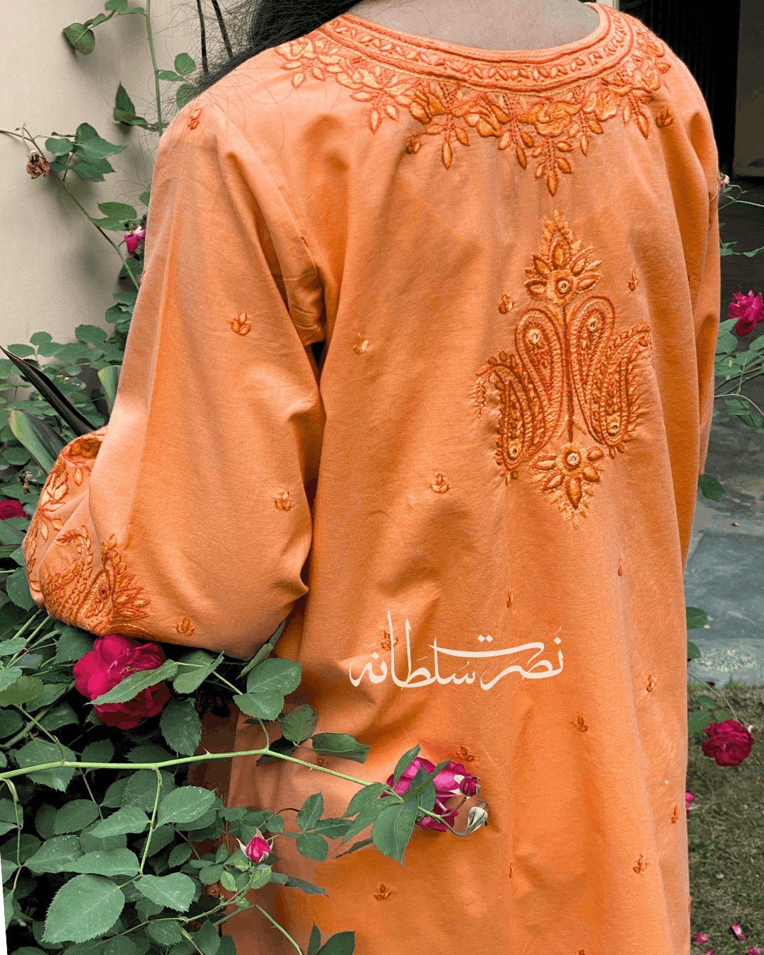 Peachy Coral Hand Embroidery and Tarkashi Kurta - Summer Lawn
