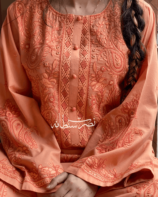 Peachy Coral Hand Embroidery and Tarkashi Kurta - Summer Lawn