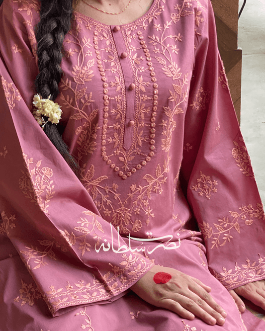 Classical Muave Bloom Hand Embroidered & Mirror Work Kurta