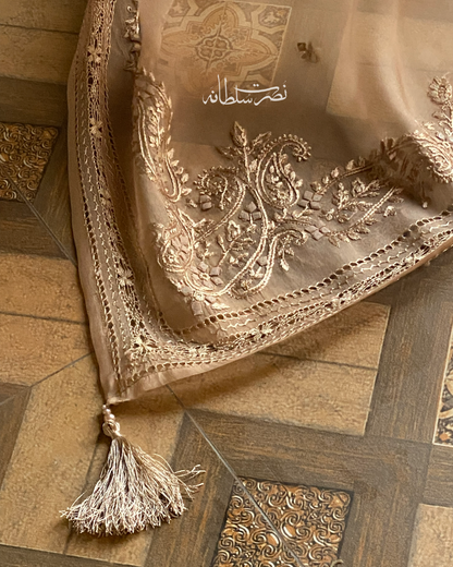 Pure Organza Hand Embroidery and Tarkashi Dupatta - Warm Ivory Gold