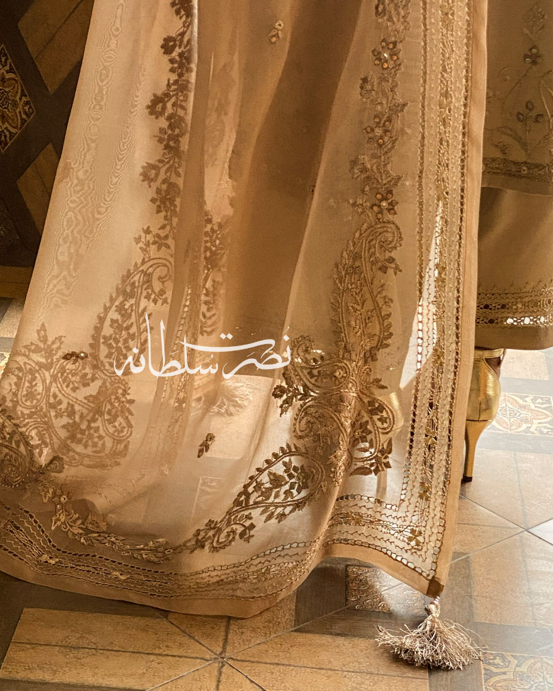 Pure Organza Hand Embroidery and Tarkashi Dupatta - Warm Ivory Gold