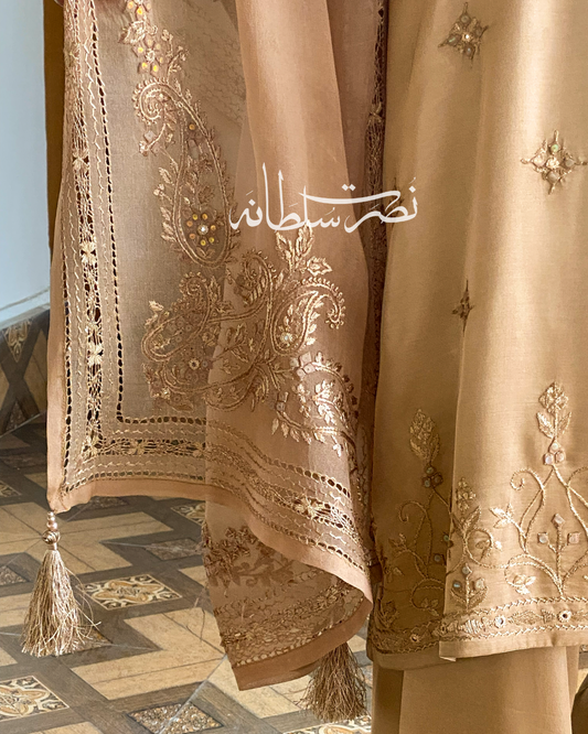 Pure Organza Hand Embroidery and Tarkashi Dupatta - Warm Ivory Gold