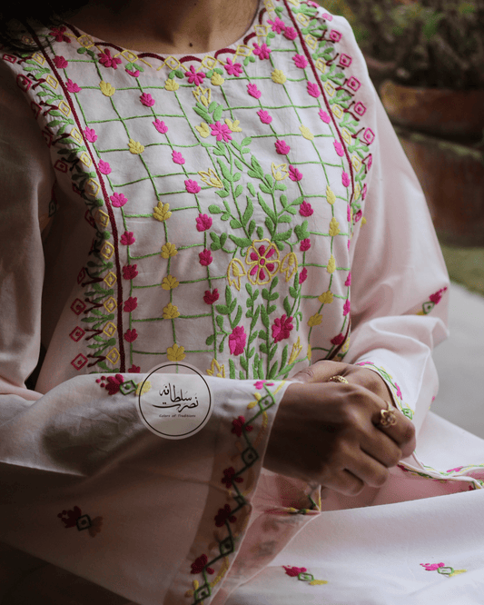 Hand Embroidered Pure Lawn Shirt - Pret - Powder Pink Shade
