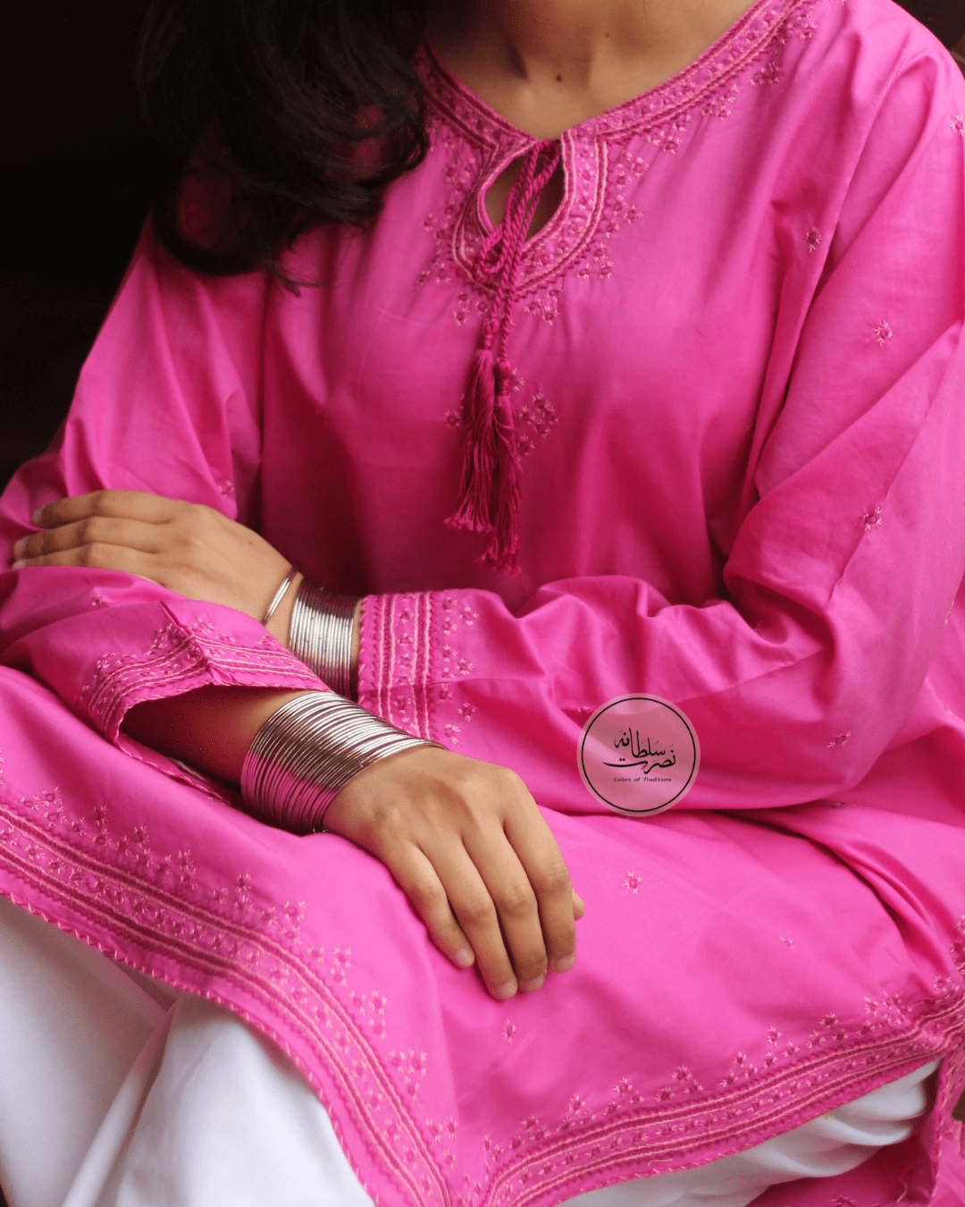 Hand Embroidered Pure Lawn Shirt - Fuchsia Shade - Pret