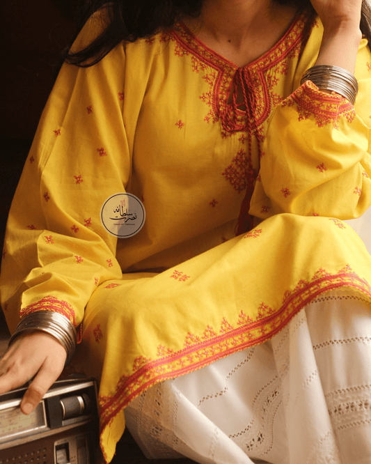 Hand Embroidered Pure Lawn Shirt - Blazing Yellow - Pret