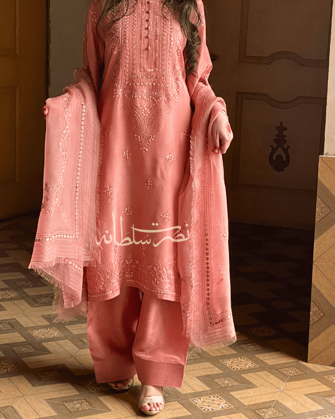 Premium Silk Hand Embroidered Dusty Peach Two piece - Pret