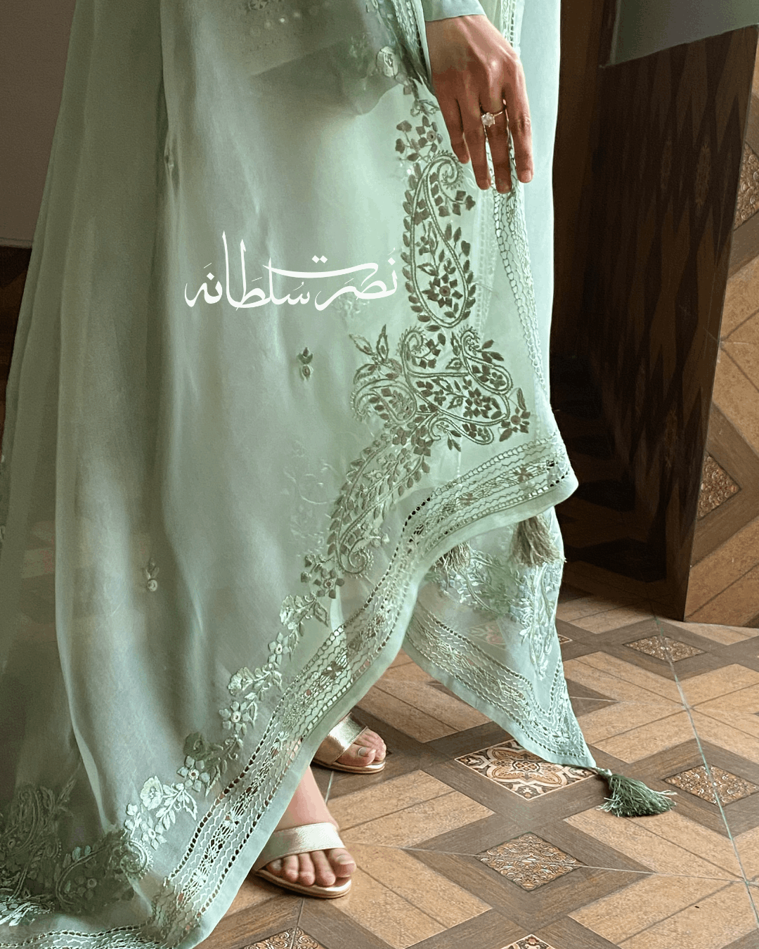 Pure Organza Hand Embroidery and Tarkashi Dupatta - Sage Green Shade
