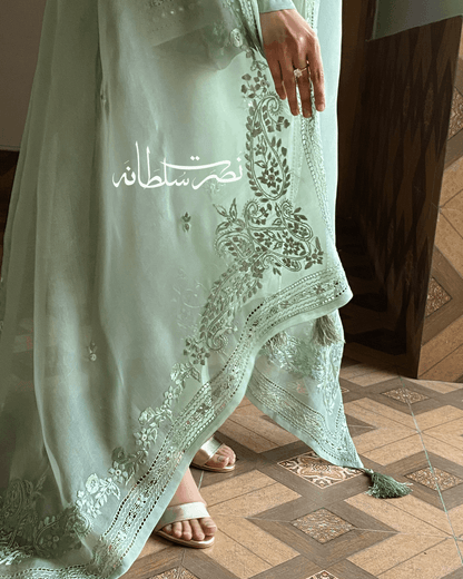 Pure Organza Hand Embroidery and Tarkashi Dupatta - Sage Green Shade