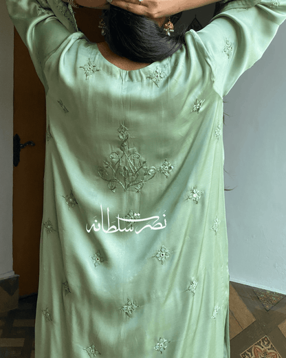 Premium Silk Hand Embroidered Two Piece - Sage Green