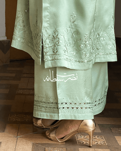Premium Silk Hand Embroidered Two Piece - Sage Green