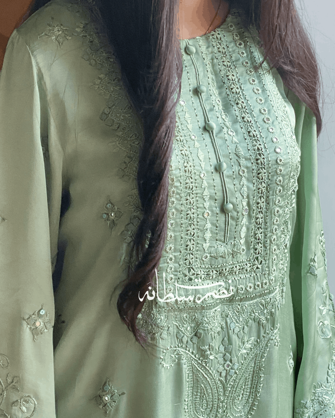 Premium Silk Hand Embroidered Two Piece - Sage Green