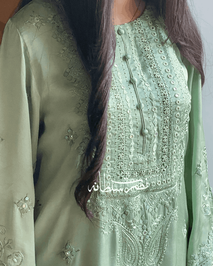 Premium Silk Hand Embroidered Two Piece - Sage Green