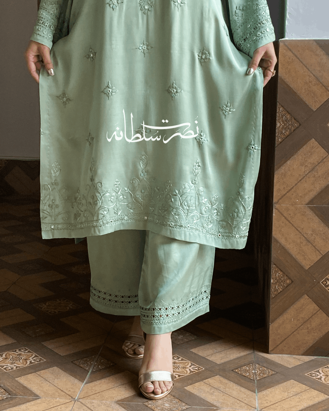 Premium Silk Hand Embroidered Two Piece - Sage Green