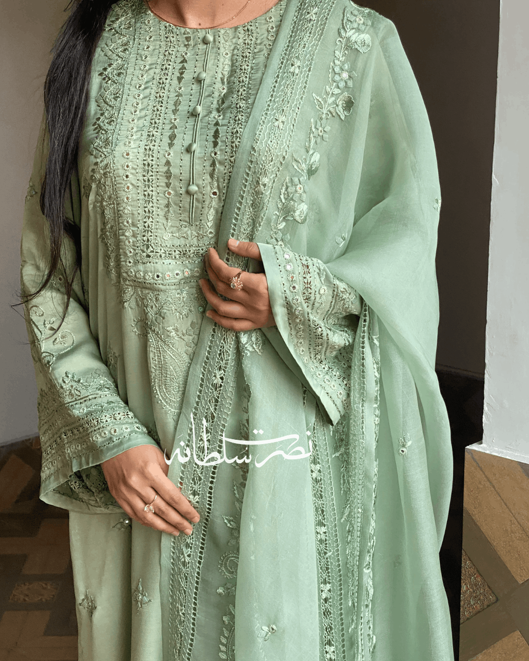Premium Silk Hand Embroidered Two Piece - Sage Green