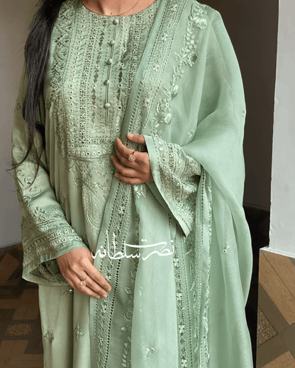 Premium Silk Hand Embroidered Two Piece - Sage Green