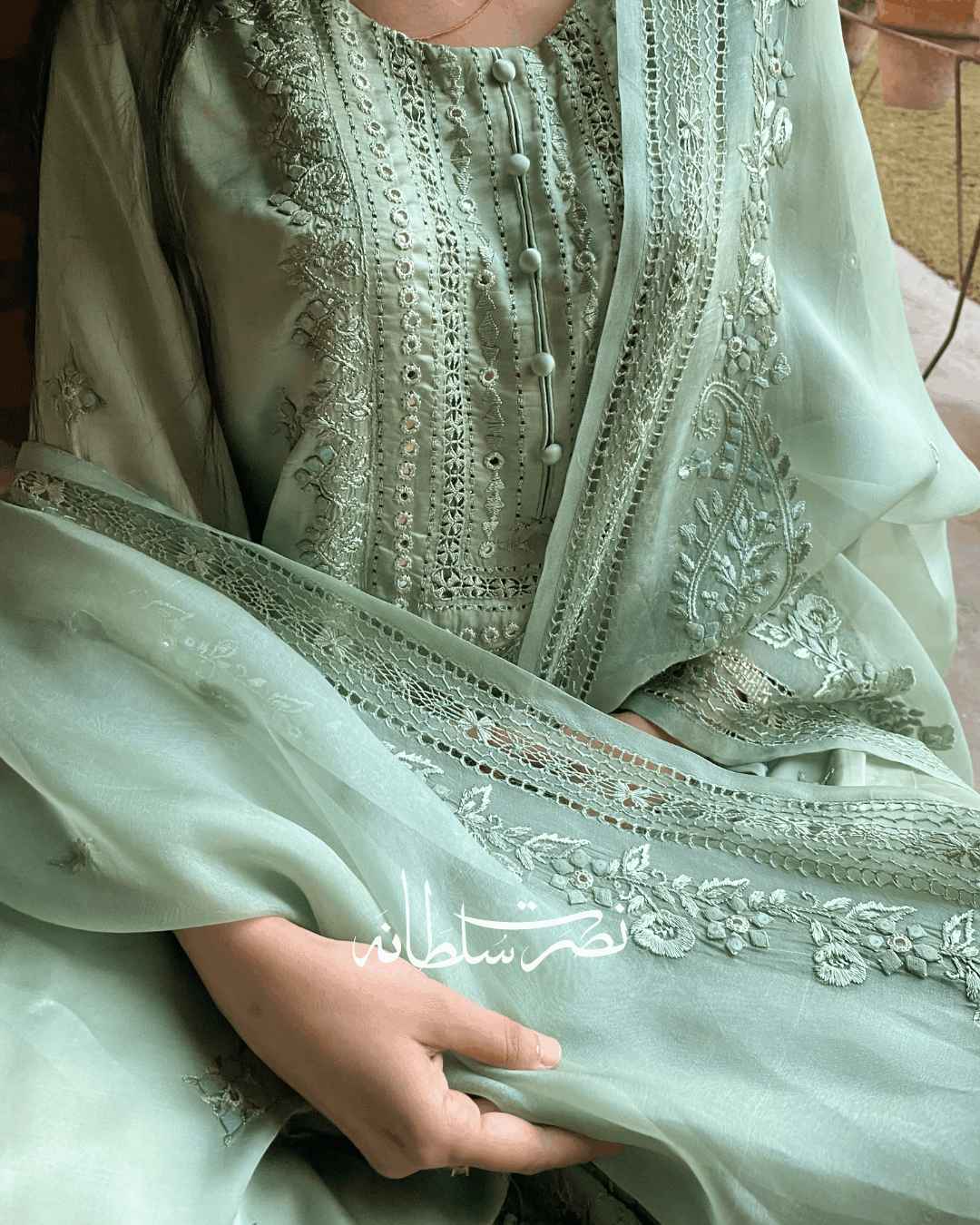 Premium Silk Hand Embroidered Two Piece - Sage Green