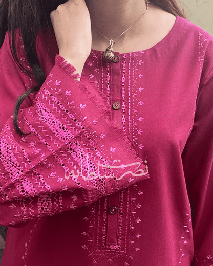 Handcrafted Tarkashi Kurta - Soft Irish Khaddar - Dark Berry Shade