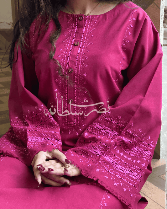 Handcrafted Tarkashi Kurta - Soft Irish Khaddar - Dark Berry Shade