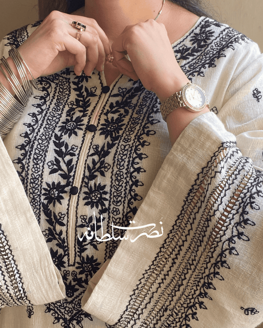 Off white and Black Handmade Irish Lawn Kurta - Pret