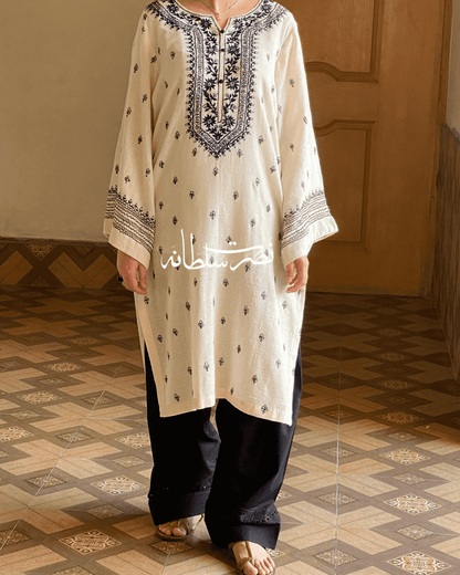 Off white and Black Handmade Irish Lawn Kurta - Pret