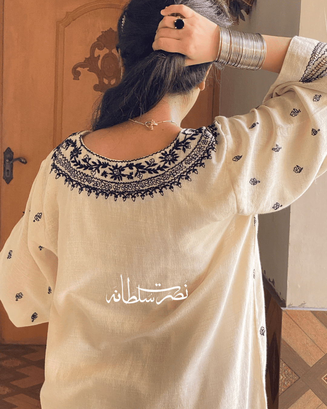 Off white and Black Handmade Irish Lawn Kurta - Pret