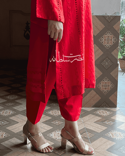 Hot Red - Purely Handmade Tarkashi Kurta - Irish Linen