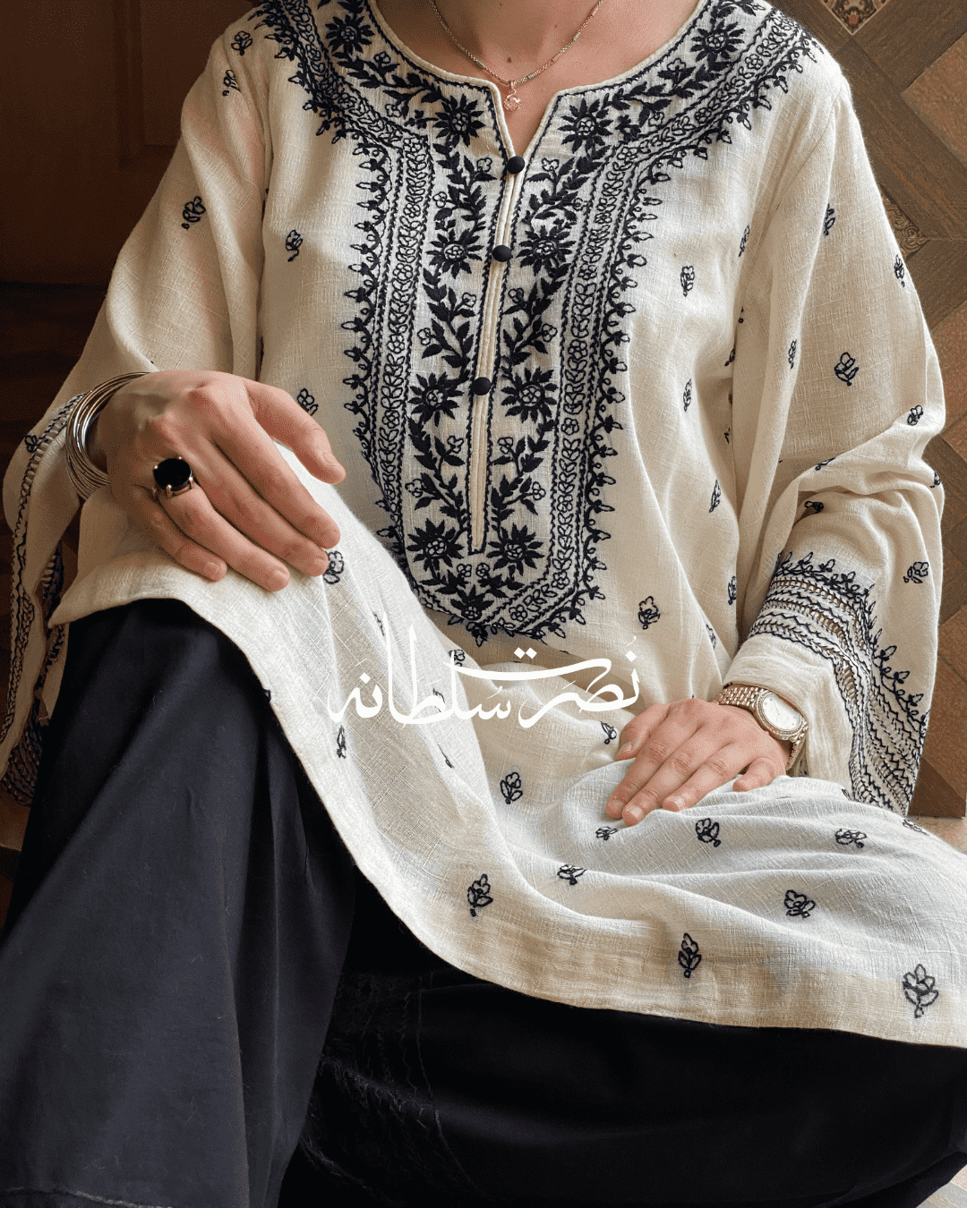 Off white and Black Handmade Irish Lawn Kurta - Pret
